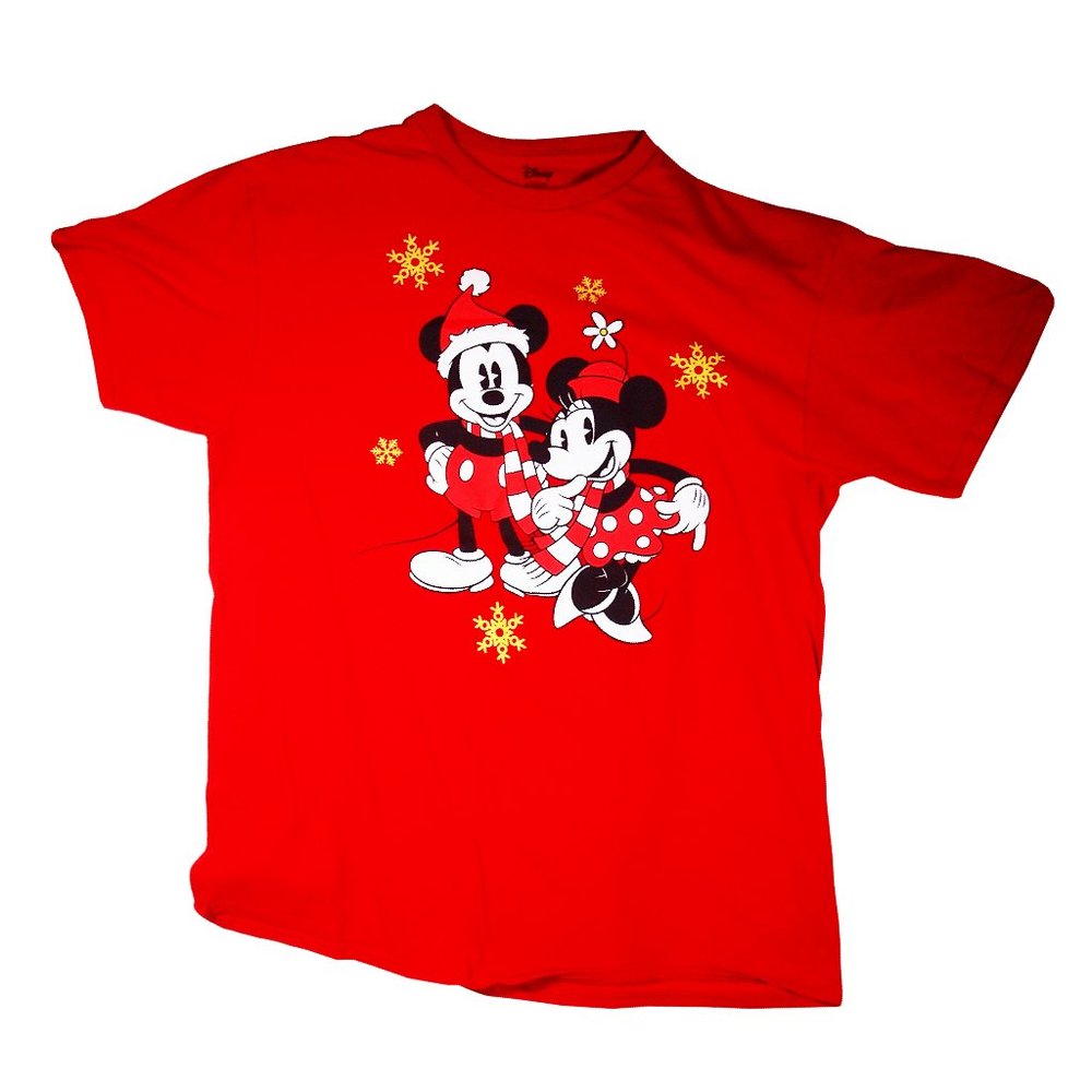 Christmas Mickey & Minnie T-shirt, Red, Ladies Size Large, Snowflakes, Santa Hat